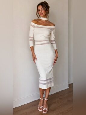 NWT Bebe White Off the Shoulder Mesh Inset Choker Bodycon Dress Size M Clubwear